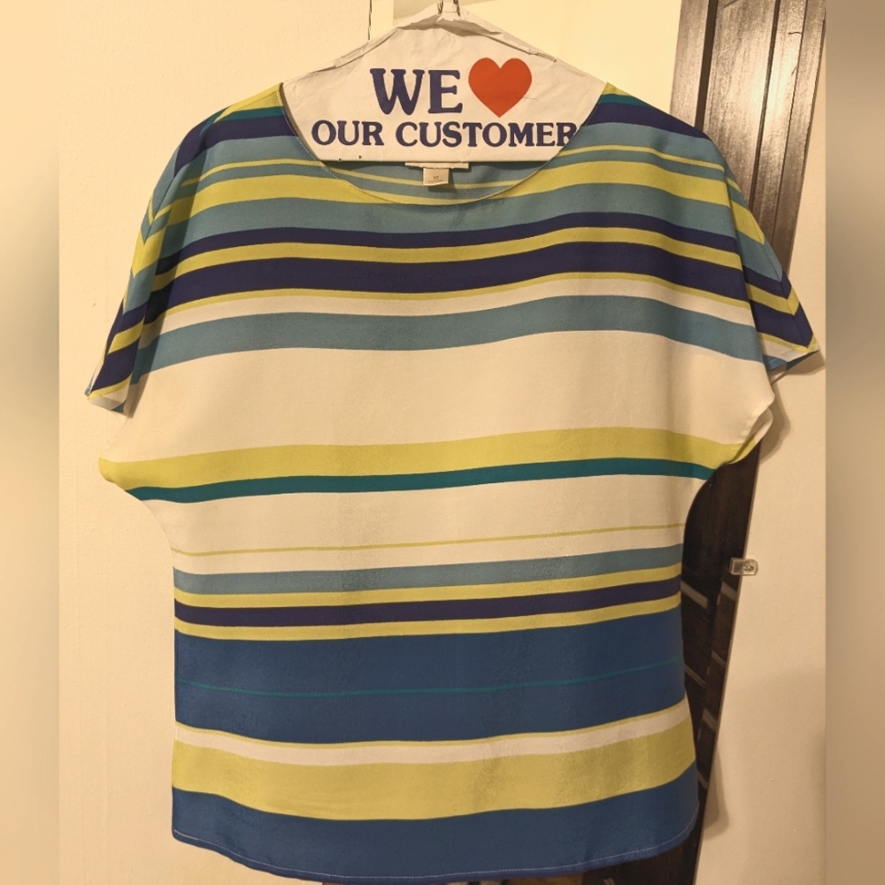Striped blue, green, and white blouse